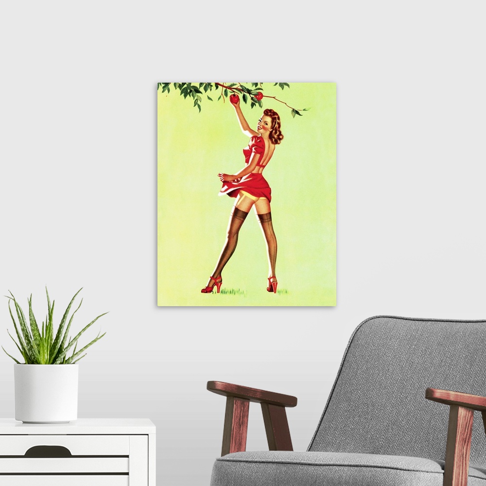 A modern room featuring Vintage 50's pin-up girl picking apples from a tree.