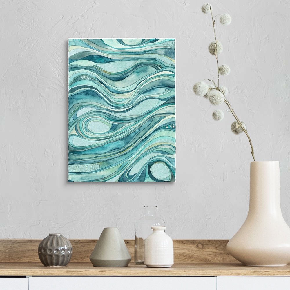 A farmhouse room featuring Contemporary abstract watercolor artwork in blue shades, resembling waves of flowing water.