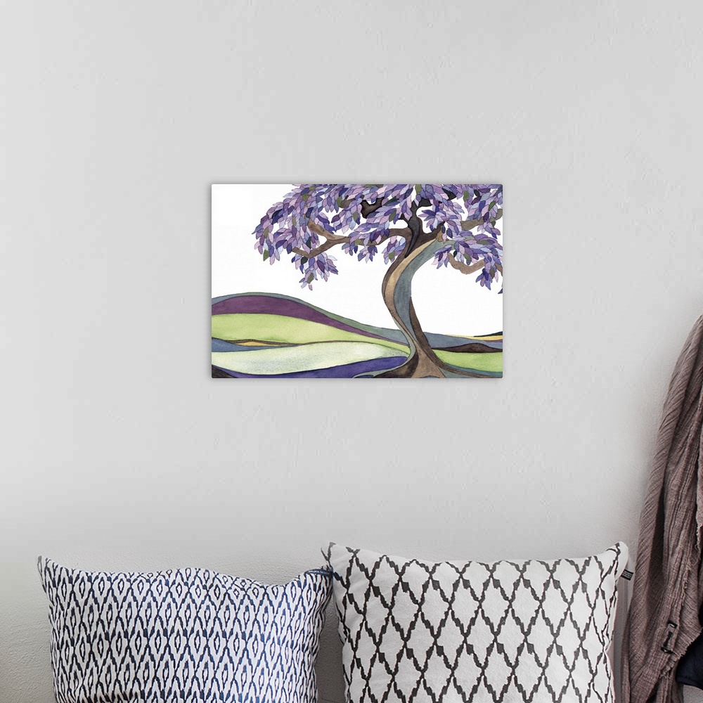 A bohemian room featuring Watercolor painting of a tree with a curved trunk and leafy branches in a field.