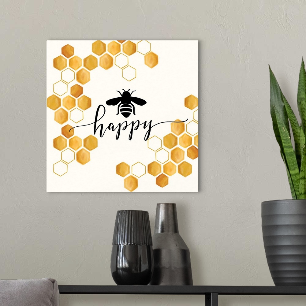 A modern room featuring Bee Happy
