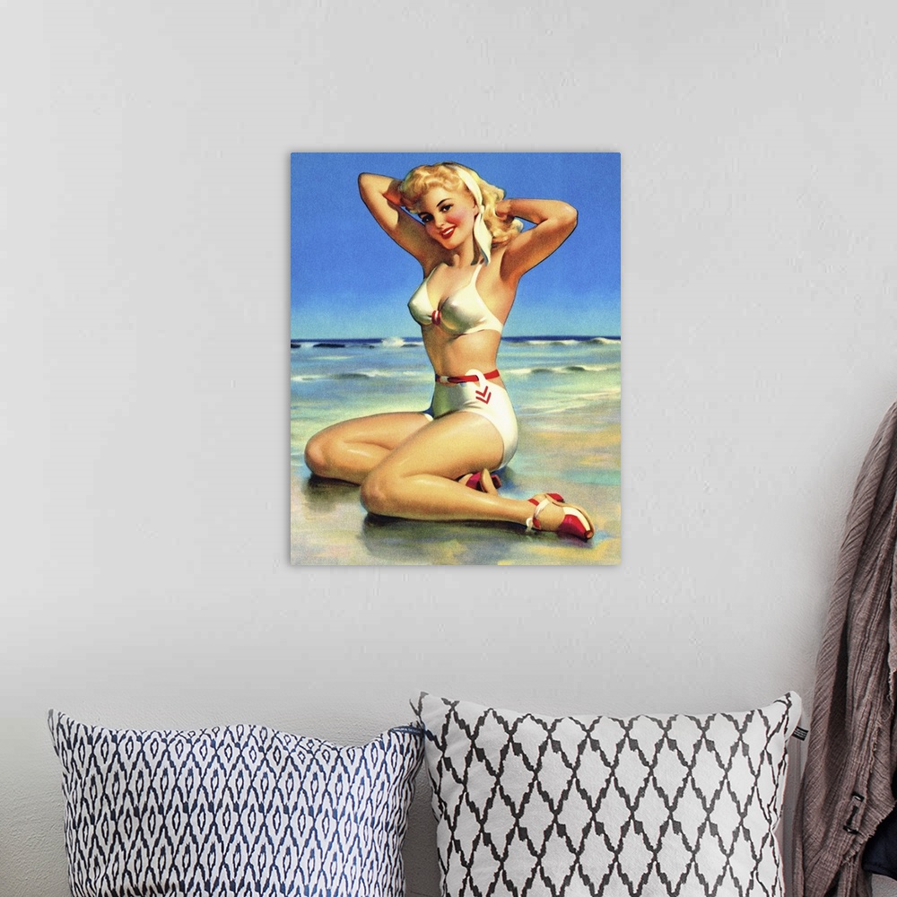 A bohemian room featuring Vintage 50's illustration of a young woman modeling a two-piece swimsuit on the beach.