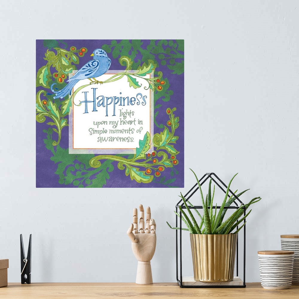 A bohemian room featuring "Happiness lights upon my heart in simple moments of awareness," illustrated with a blue bird and...