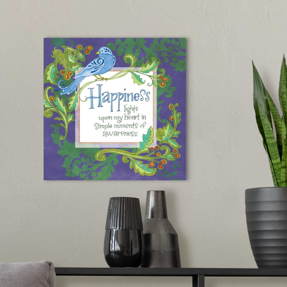 A modern room featuring "Happiness lights upon my heart in simple moments of awareness," illustrated with a blue bird and...