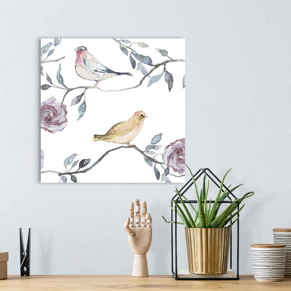 A bohemian room featuring Contemporary watercolor painting of two small songbirds sitting on rose stems.