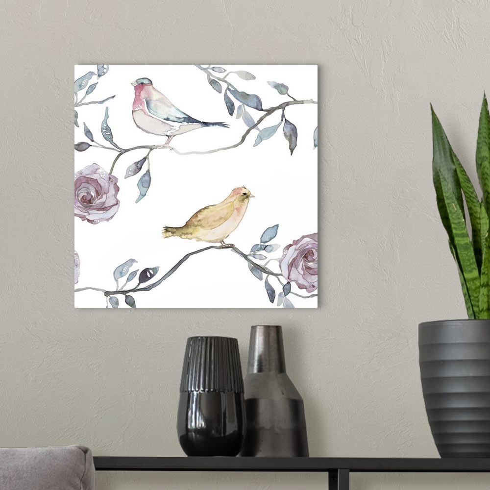 A modern room featuring Contemporary watercolor painting of two small songbirds sitting on rose stems.