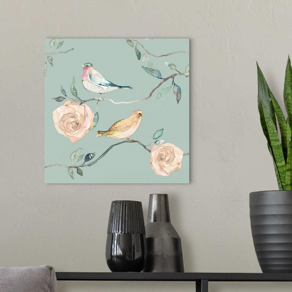A modern room featuring Watercolor artwork of two songbirds perched on the stems of roses.