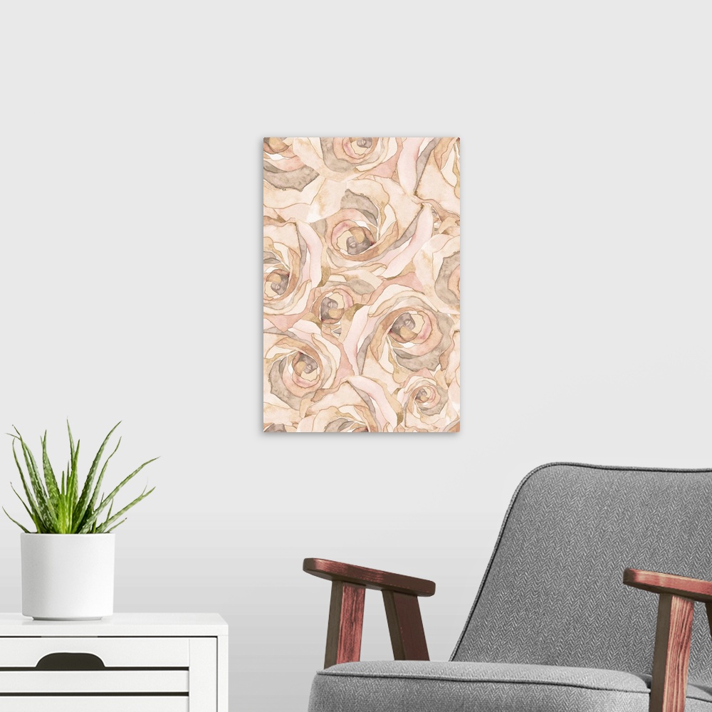A modern room featuring A group of peach-toned roses bundled closely together.