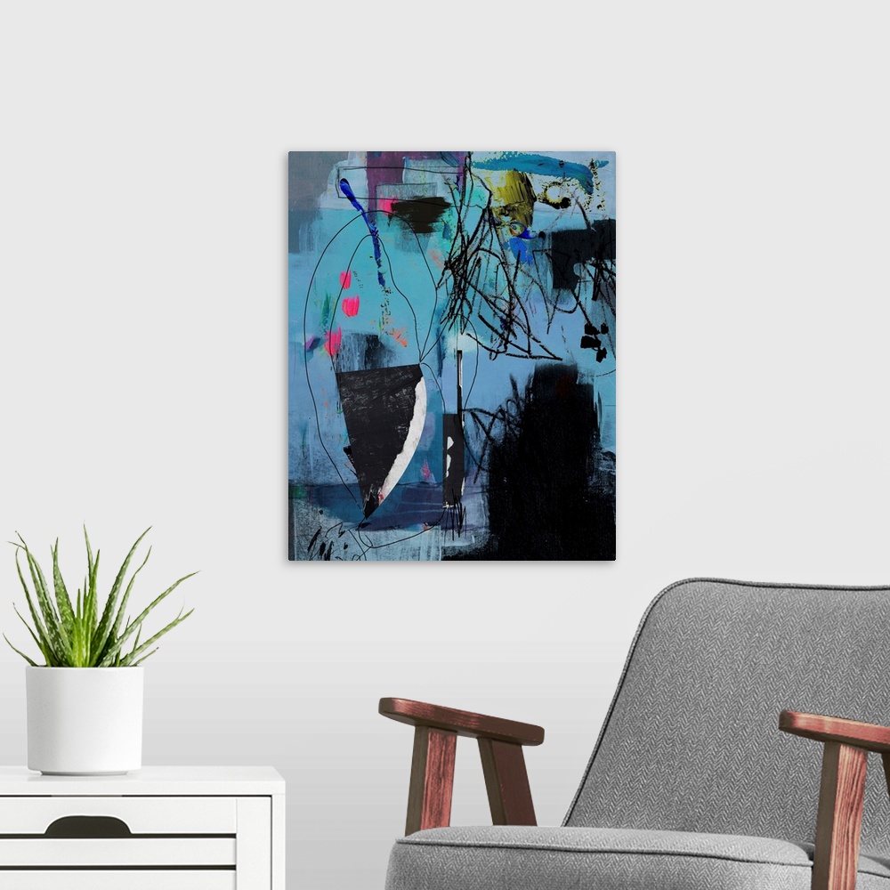 A modern room featuring A dark toned contemporary abstract painting with heavy charcoal scribble accents over shades of blue