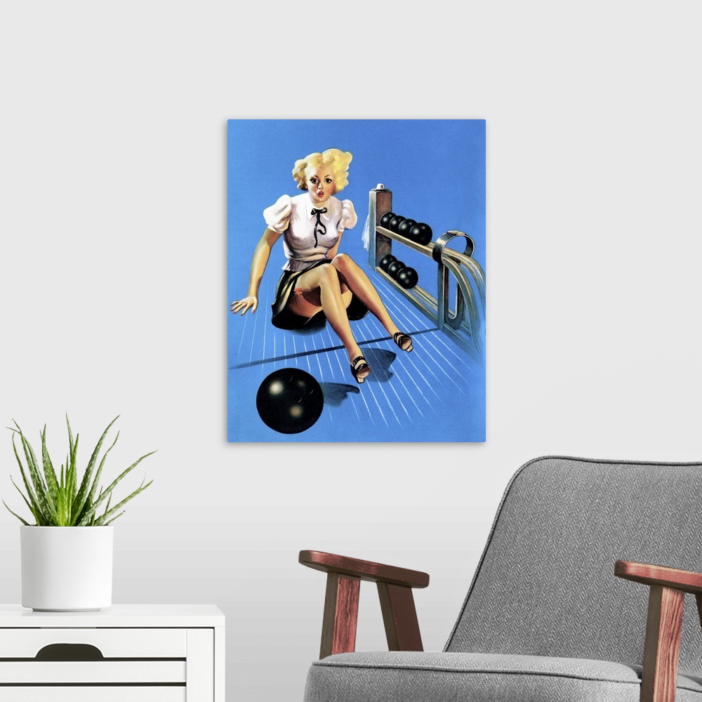 A modern room featuring Vintage 50's illustration of a young woman with a bowling ball, sitting in the lane.