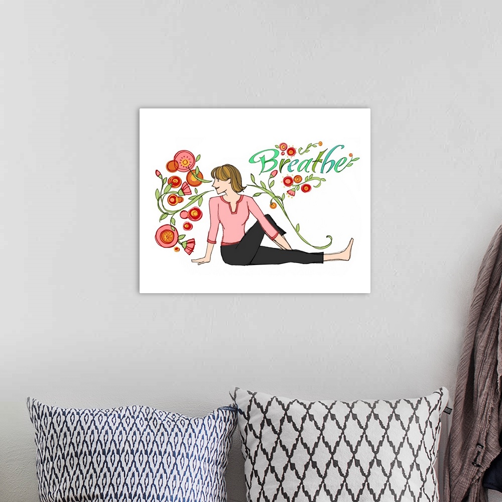 A bohemian room featuring Illustration of a woman stretching with flowers surrounding her.