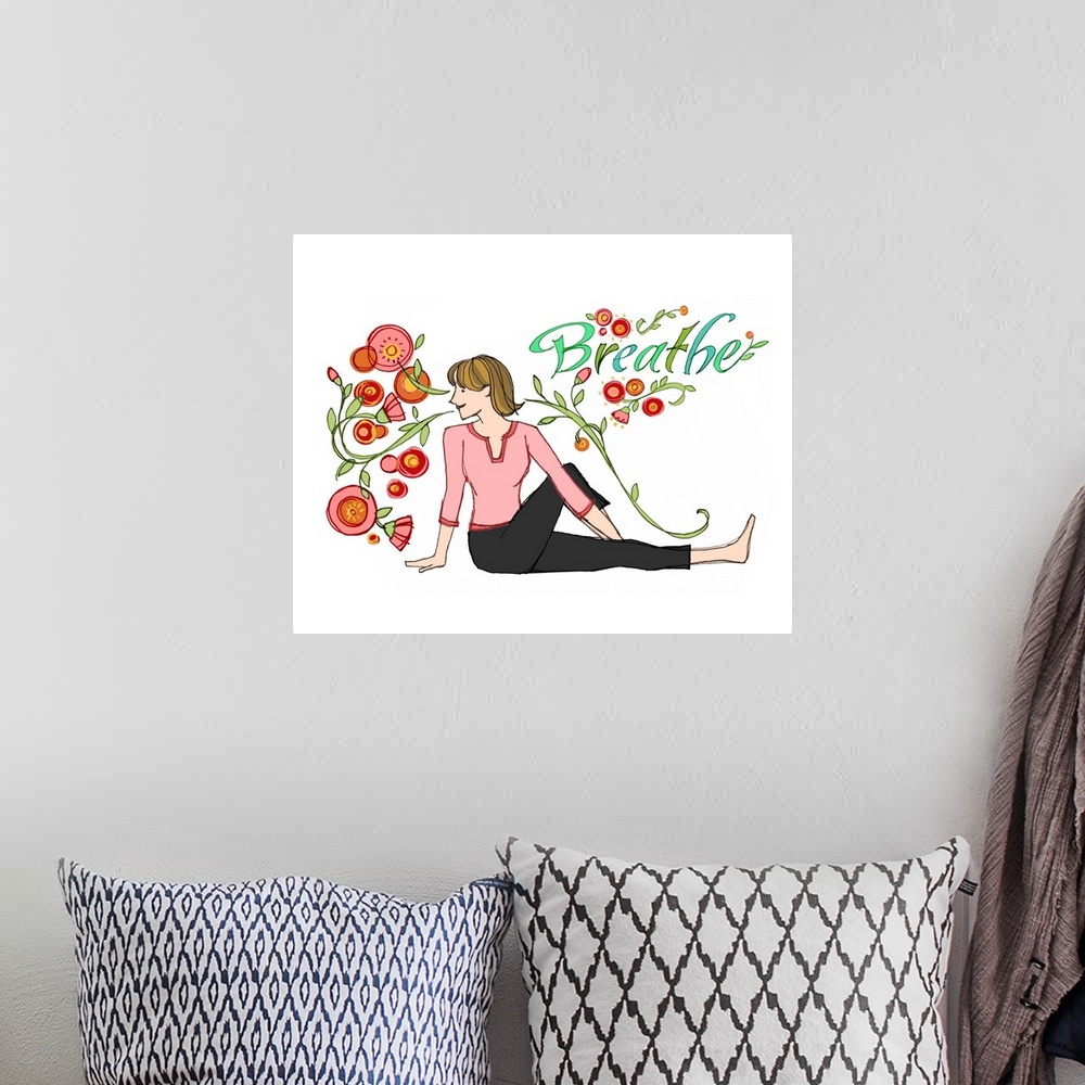 A bohemian room featuring Illustration of a woman stretching with flowers surrounding her.