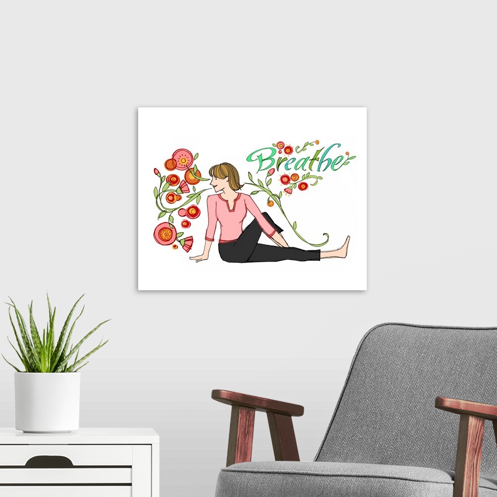 A modern room featuring Illustration of a woman stretching with flowers surrounding her.