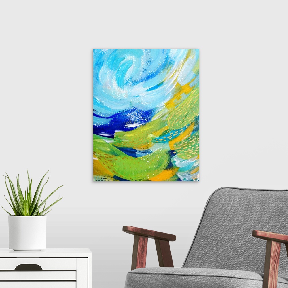A modern room featuring Bright Brush Strokes Green And Blue