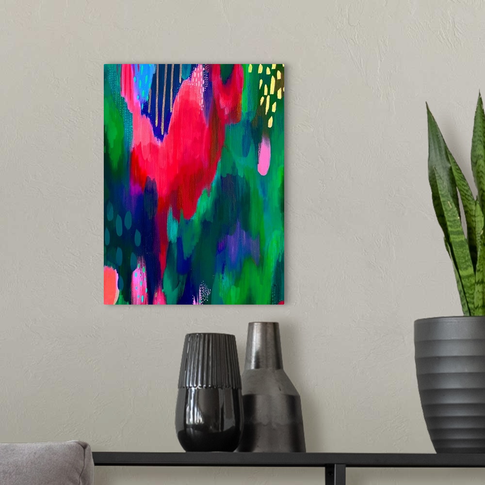 A modern room featuring Bright Brush Strokes Green And Dark Pink