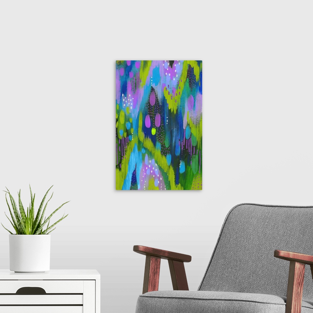 A modern room featuring Bright Brush Strokes Purple And Green