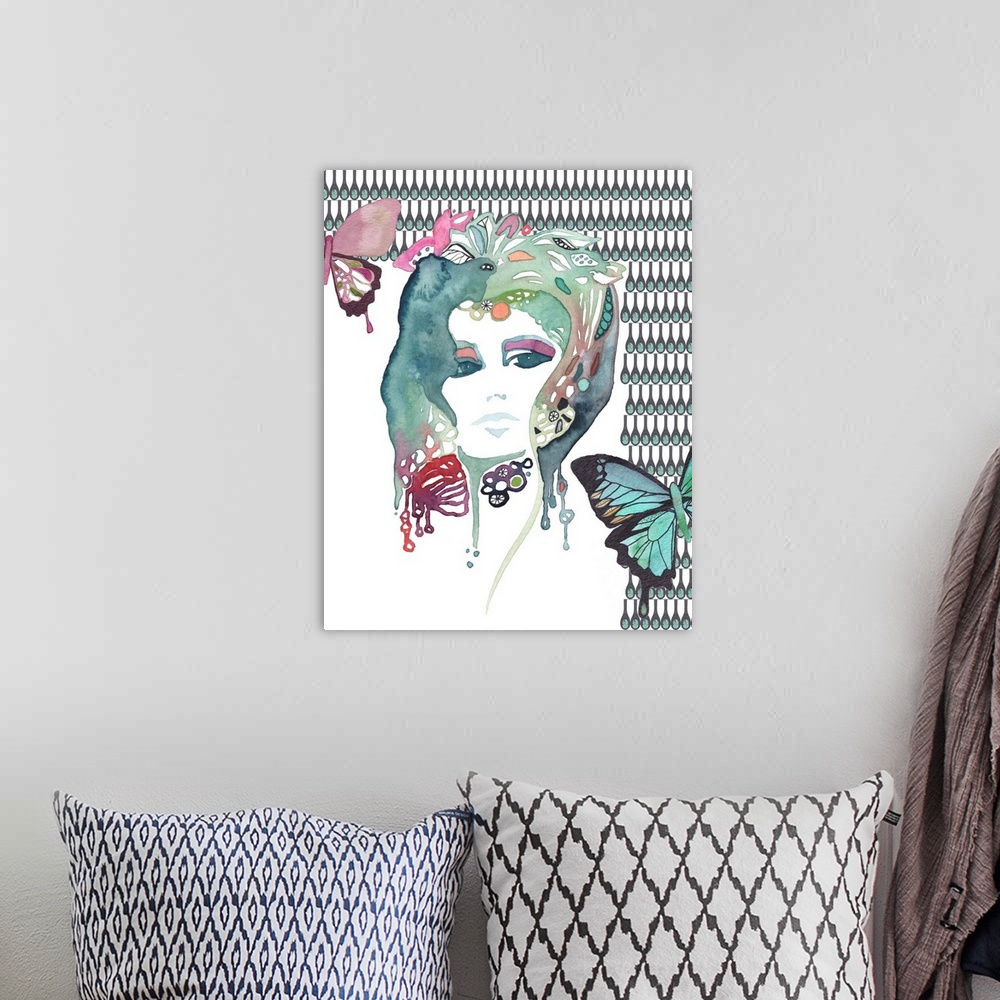 A bohemian room featuring Contemporary watercolor portrait of a woman surrounded by butterflies.