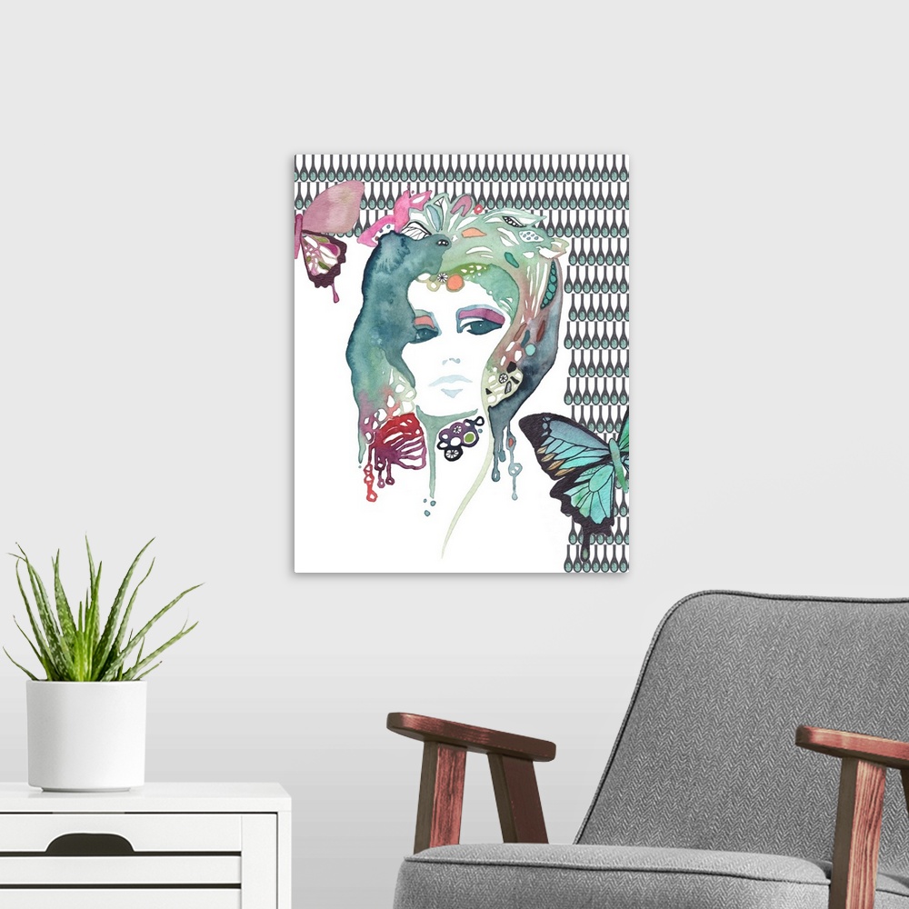 A modern room featuring Contemporary watercolor portrait of a woman surrounded by butterflies.