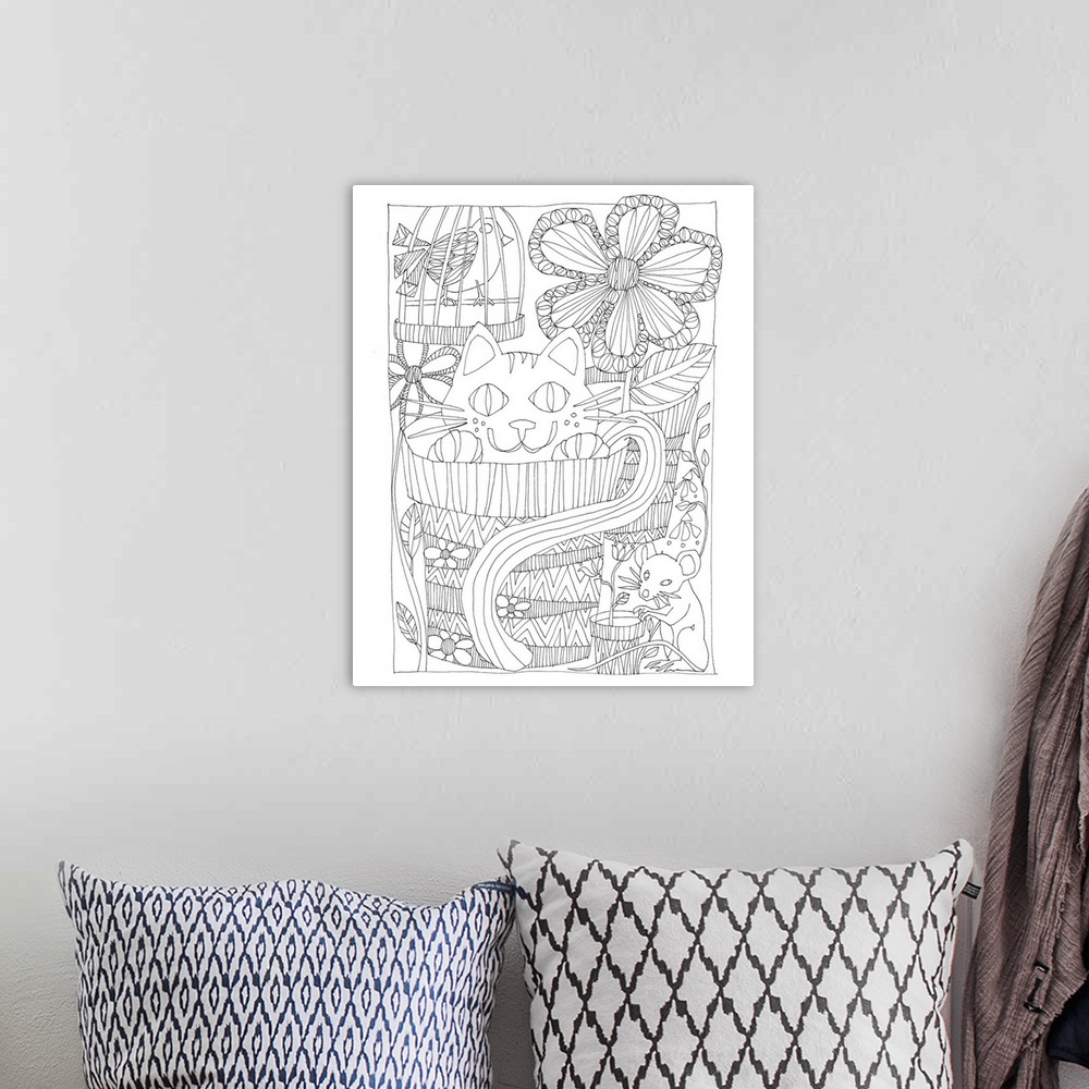 A bohemian room featuring Black and white line art of a cat hiding in a flowerpot with a bird cage in the background.