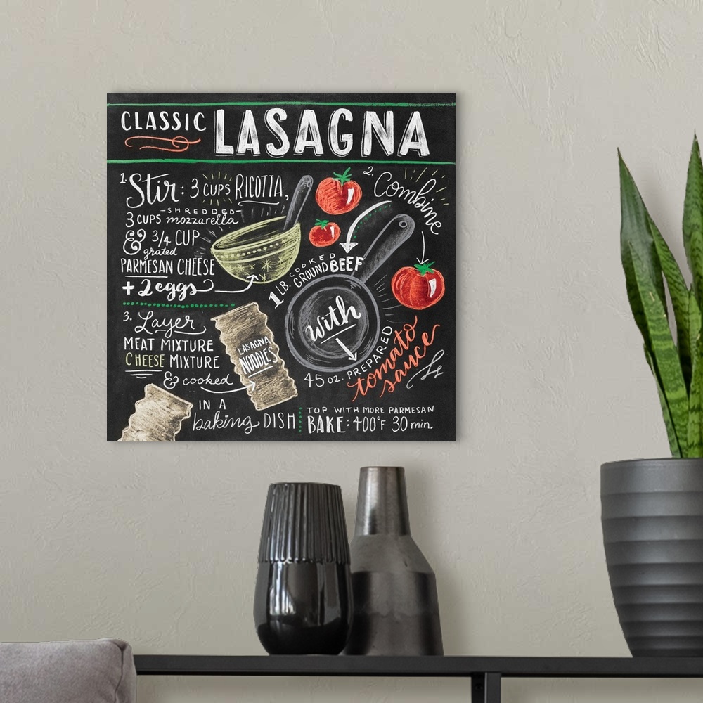 A modern room featuring Classic Lasagna