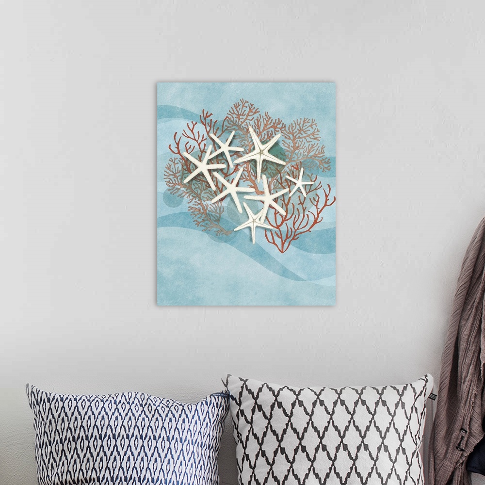 A bohemian room featuring Illustration of several white starfish with red coral on a wavy blue background.