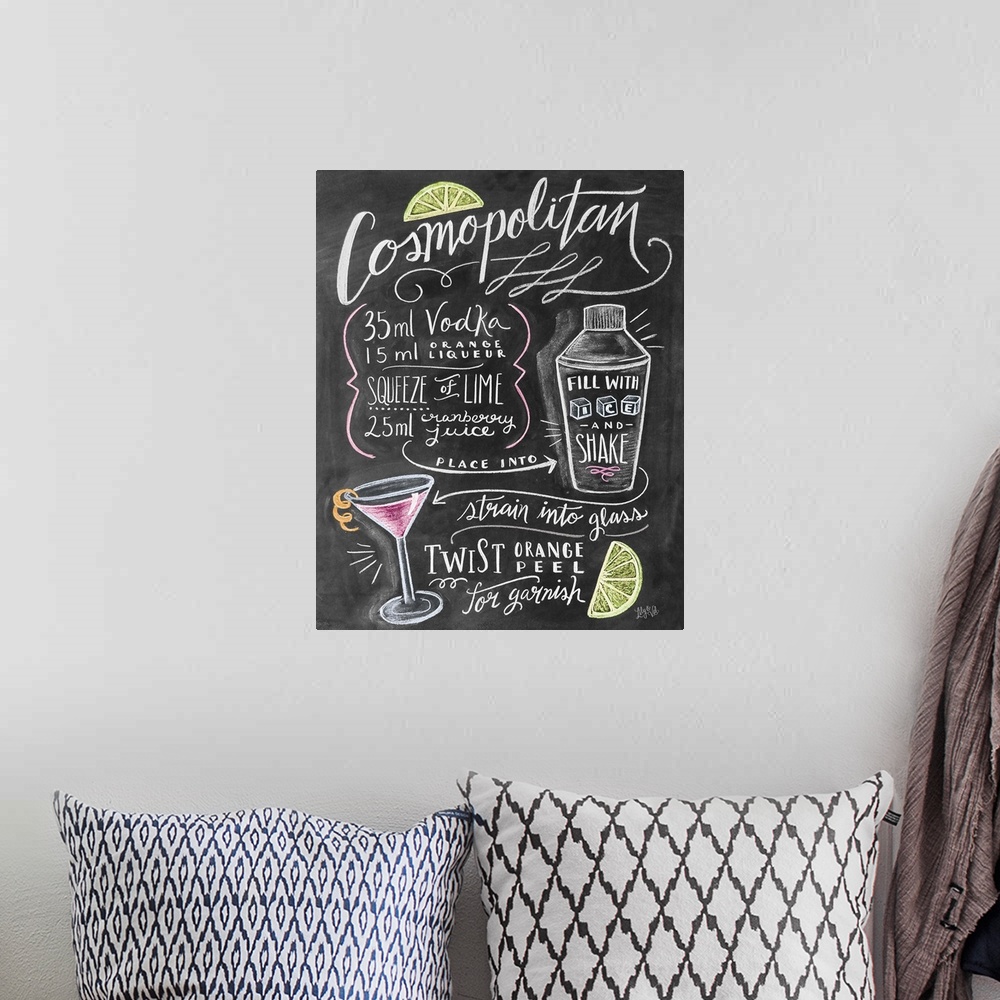 A bohemian room featuring Recipe for a mixed drink hand written and illustrated in chalk on a black background.