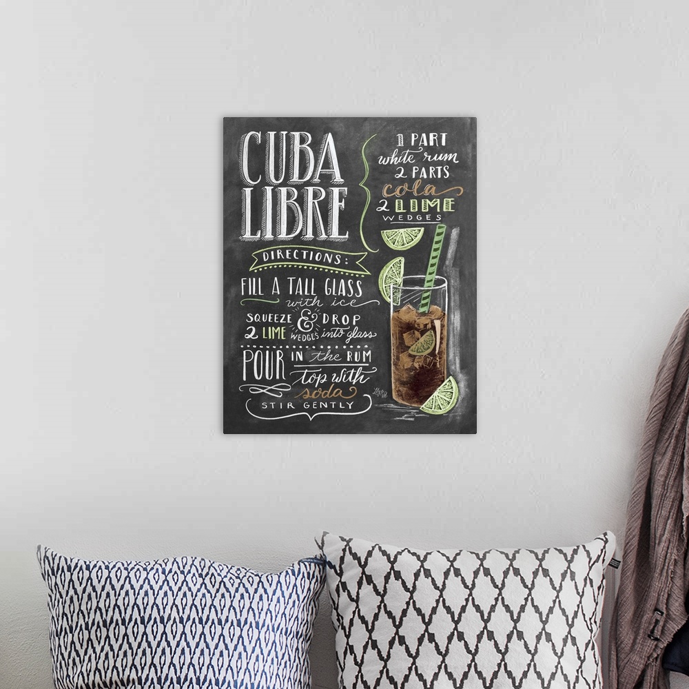 A bohemian room featuring Handlettered recipe for a Cuba Libre cocktail with the appearance of a chalkboard drawing.
