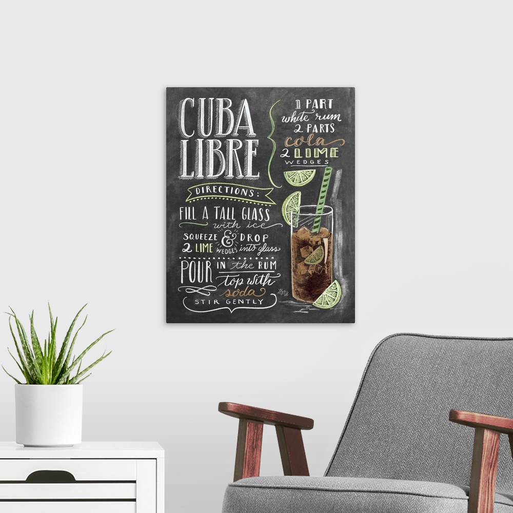 A modern room featuring Handlettered recipe for a Cuba Libre cocktail with the appearance of a chalkboard drawing.