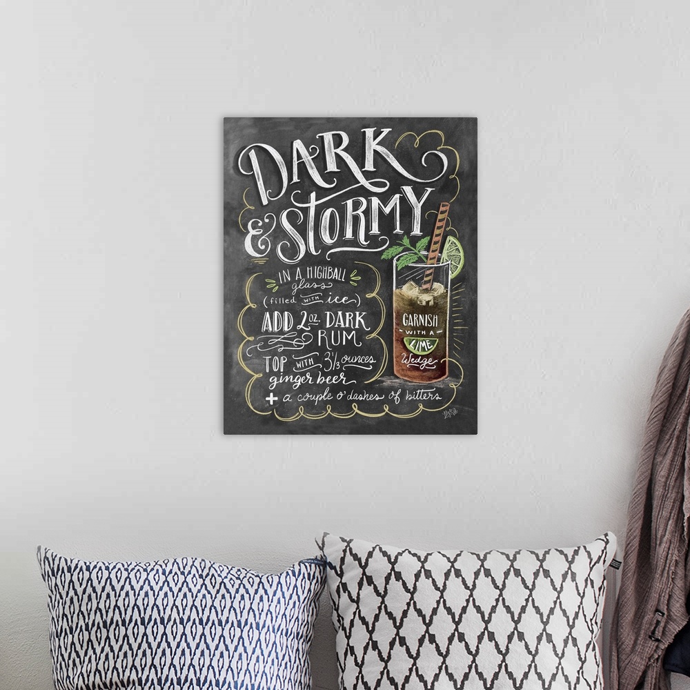 A bohemian room featuring Handlettered recipe for a Dark and Stormy cocktail with the appearance of a chalkboard drawing.