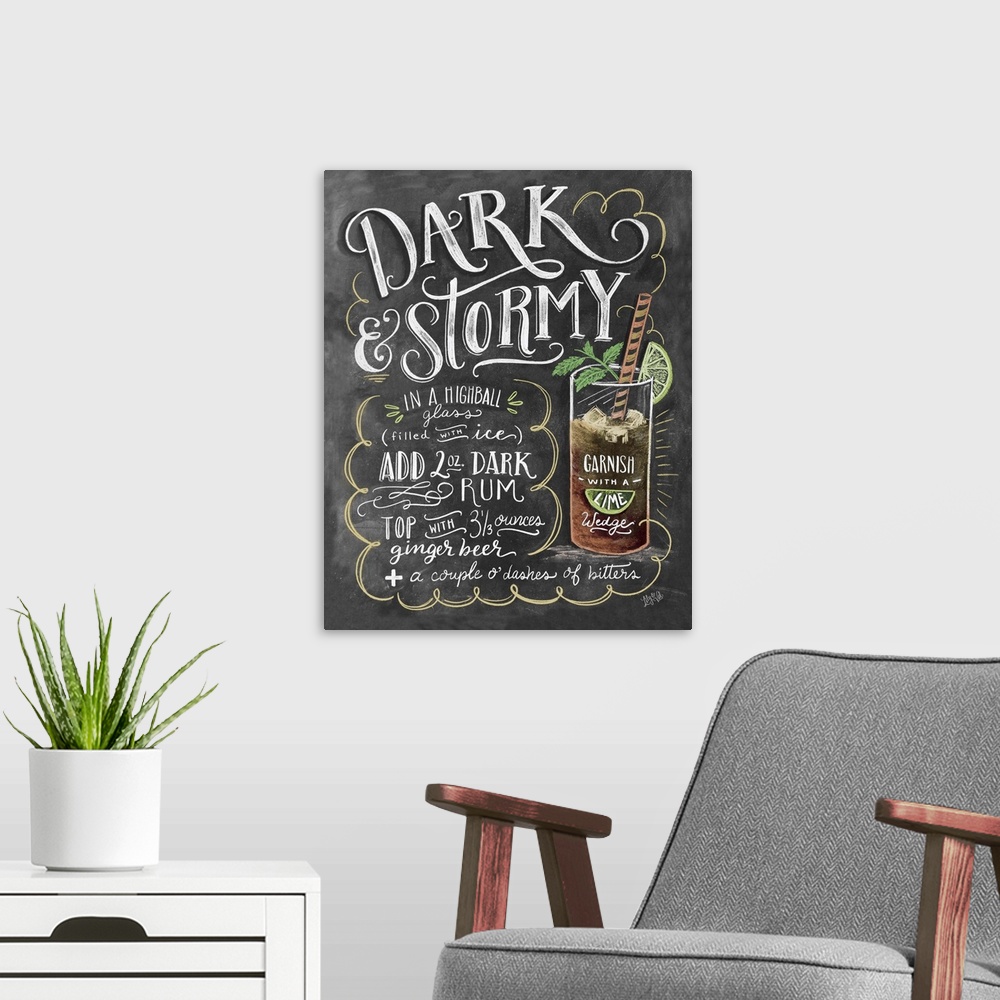 A modern room featuring Handlettered recipe for a Dark and Stormy cocktail with the appearance of a chalkboard drawing.