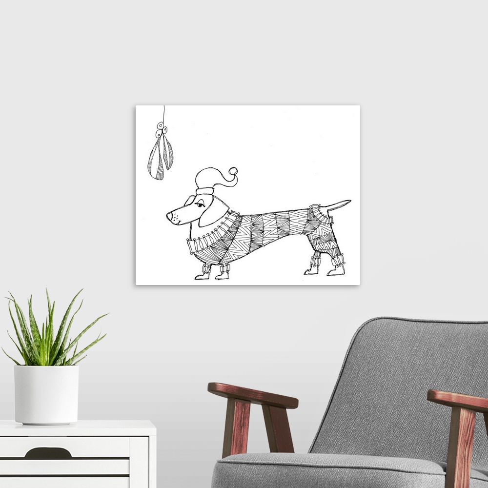 A modern room featuring Black and white line art of a dachshund in a patterned sweater under the mistletoe.