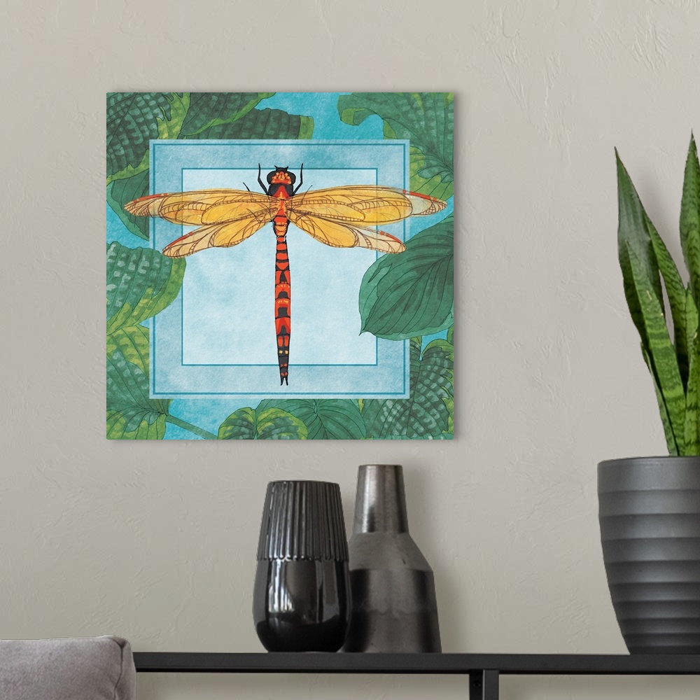 A modern room featuring Illustration of a dragonfly on a square surrounded by green leaves.