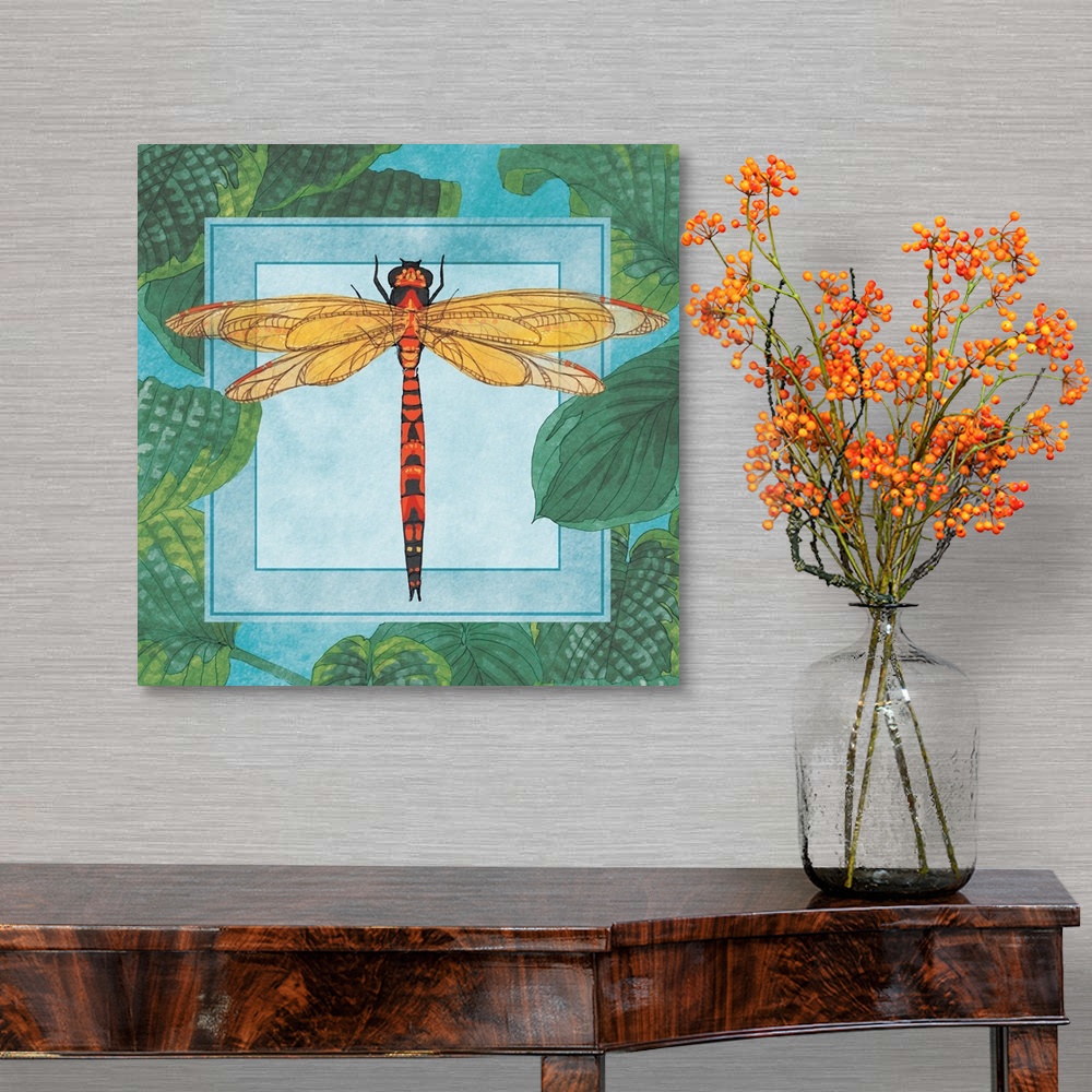 A traditional room featuring Illustration of a dragonfly on a square surrounded by green leaves.