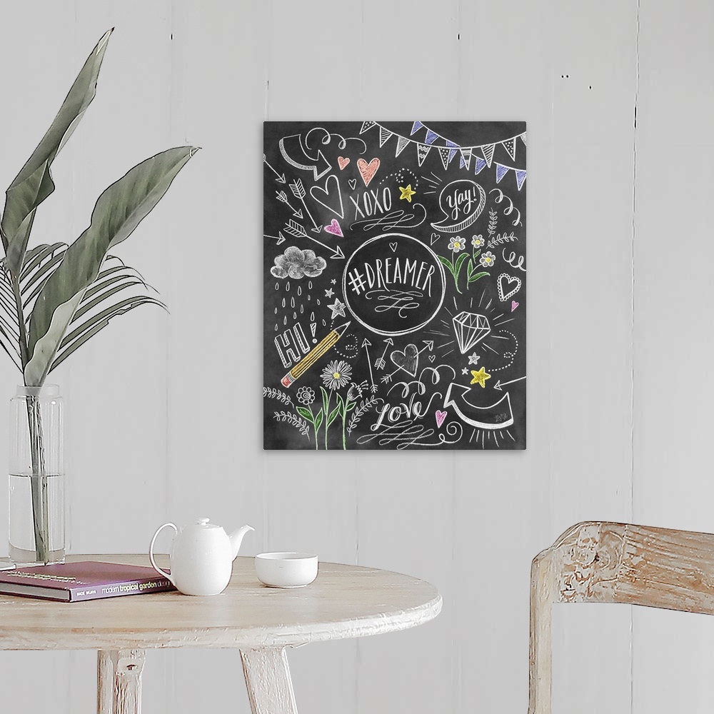 A farmhouse room featuring "Dreamer" handwritten and surrounded by hearts, arrows, flowers, and other cute elements.