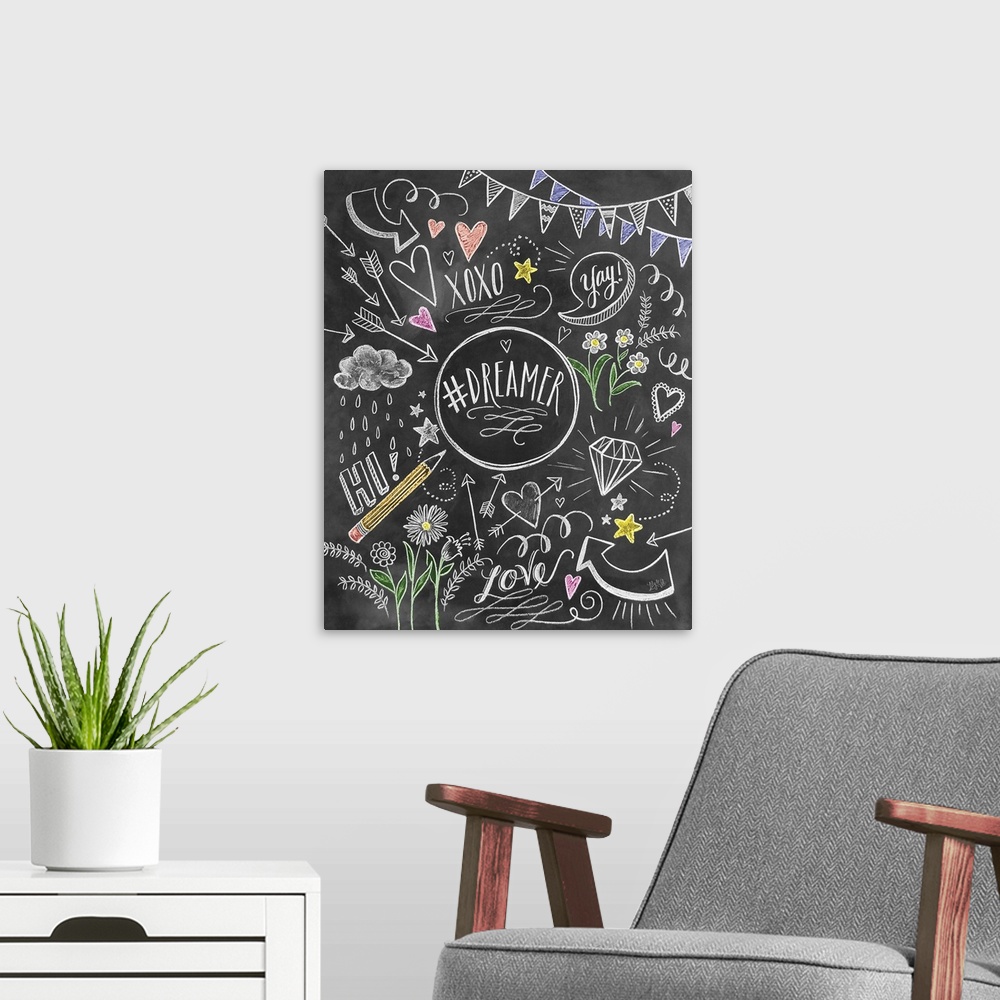 A modern room featuring "Dreamer" handwritten and surrounded by hearts, arrows, flowers, and other cute elements.