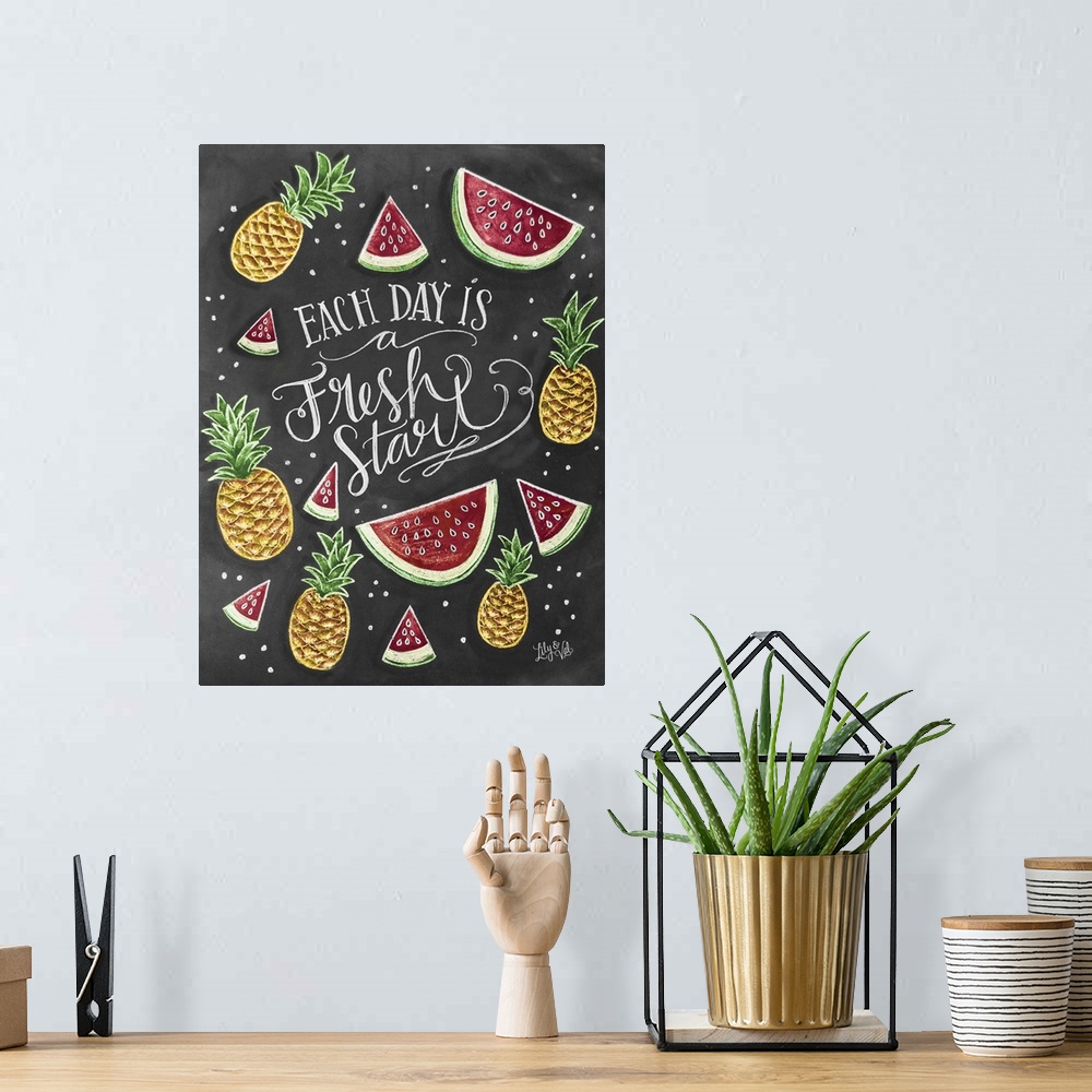 A bohemian room featuring "Each day is a fresh start" handwritten and decorated with illustrations of pineapples and waterm...