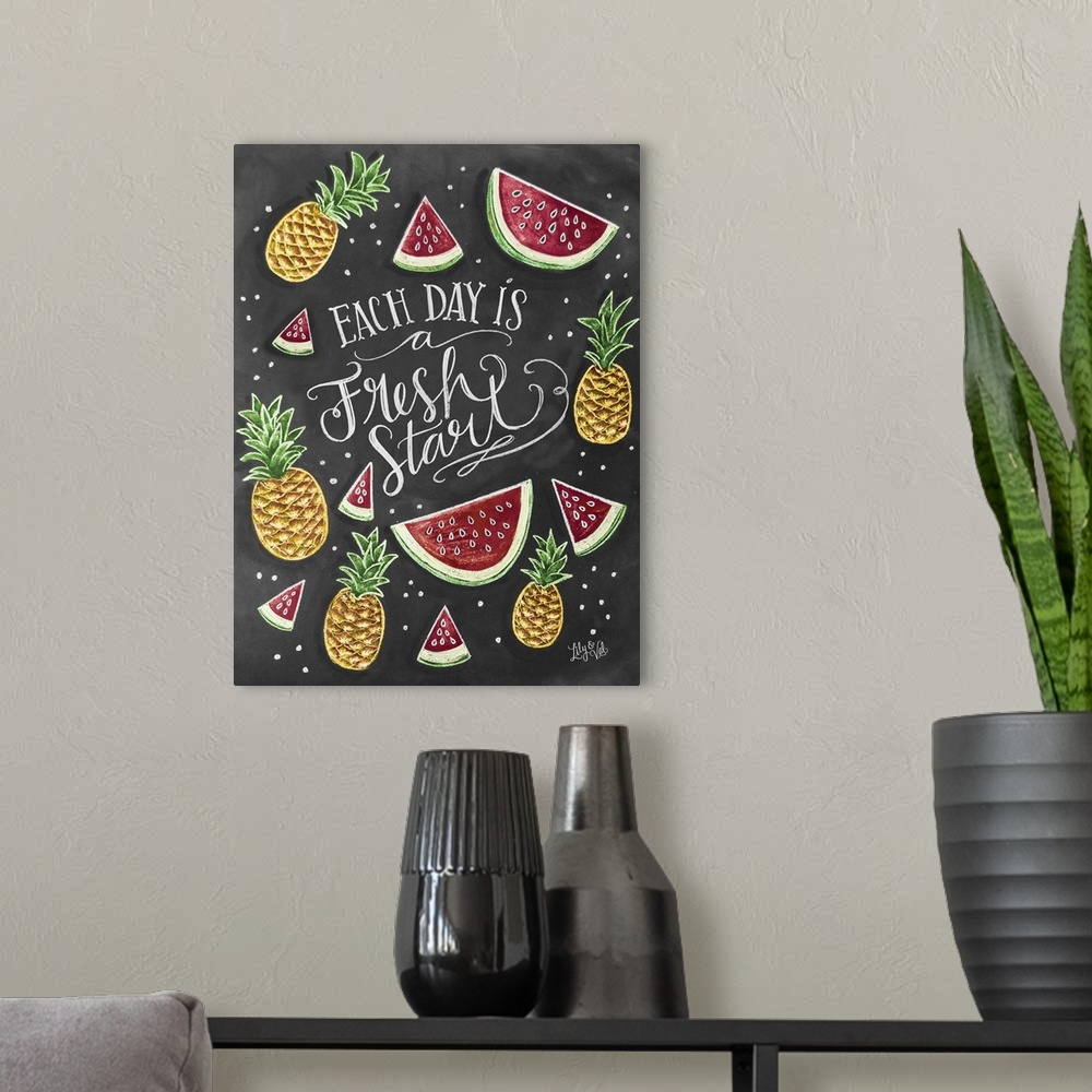 A modern room featuring "Each day is a fresh start" handwritten and decorated with illustrations of pineapples and waterm...