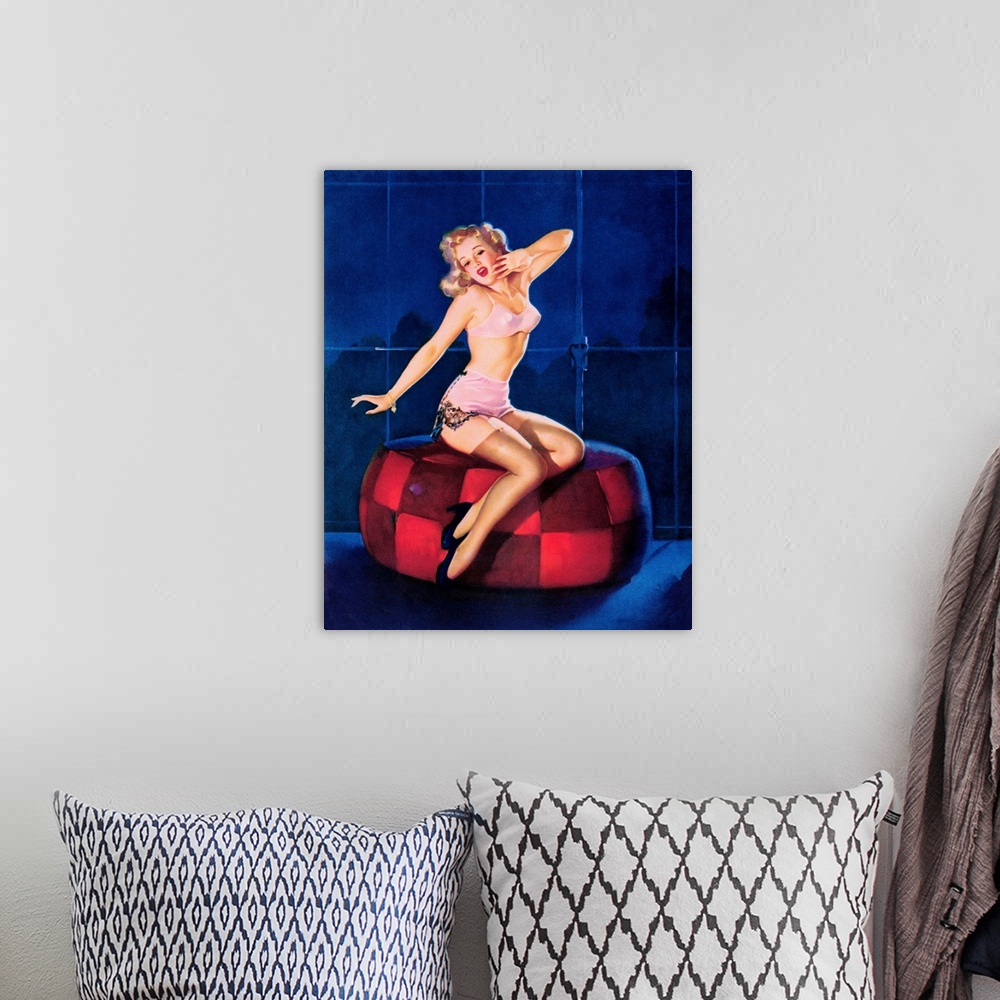 A bohemian room featuring Vintage 50's illustration of a young woman in lingerie stretching on a cushion.