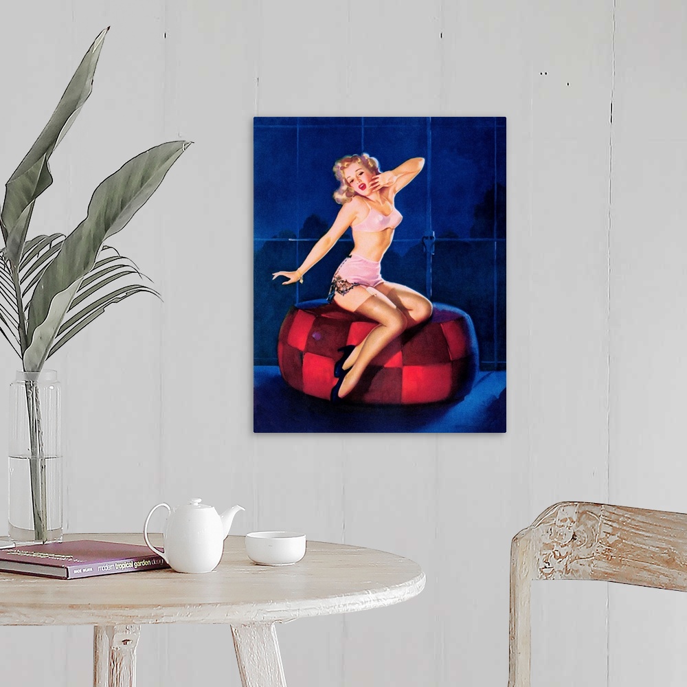 A farmhouse room featuring Vintage 50's illustration of a young woman in lingerie stretching on a cushion.