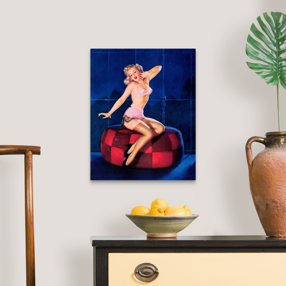 A traditional room featuring Vintage 50's illustration of a young woman in lingerie stretching on a cushion.