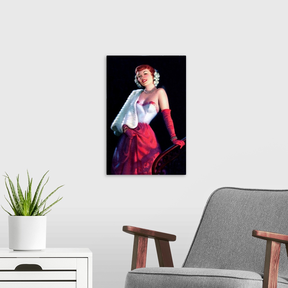 A modern room featuring Vintage 50's illustration of a young woman in a red and white evening gown.