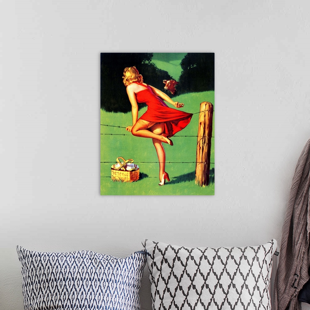 A bohemian room featuring Vintage 50's illustration of a young woman climbing over a fence.