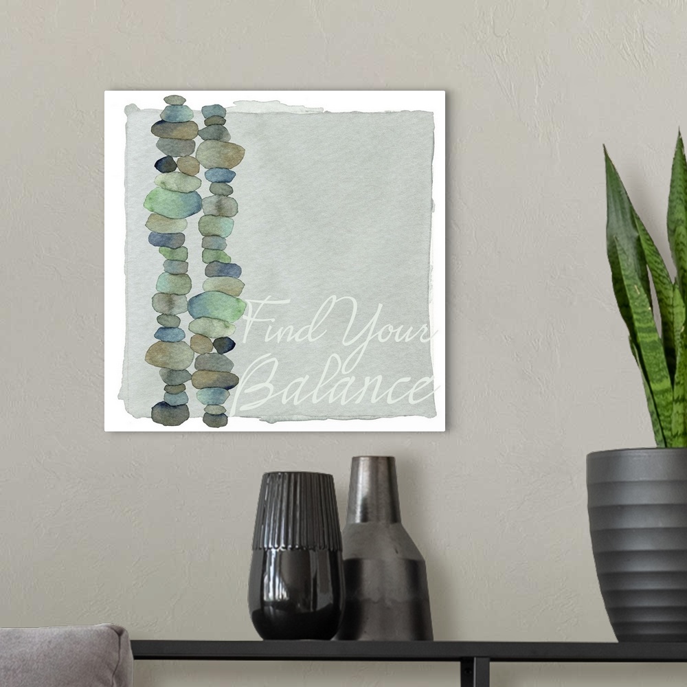 A modern room featuring Decorative watercolor painting of two stacks of round stones in blue and green shades with the wo...