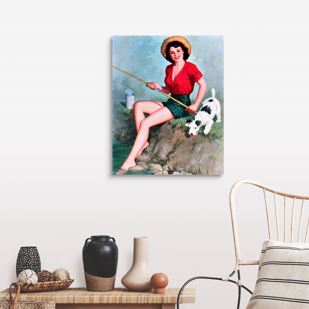 A farmhouse room featuring Vintage 50's illustration of a young woman fishing in a stream with a dog.