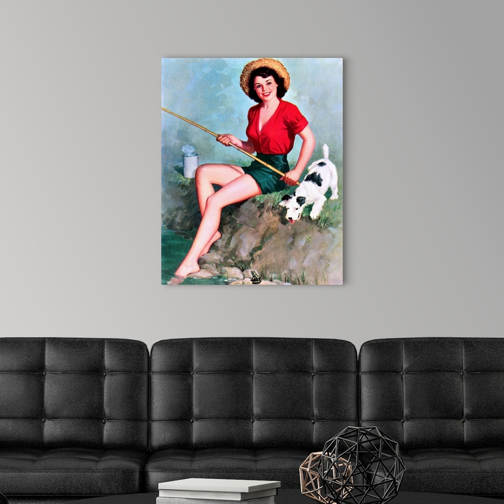 A modern room featuring Vintage 50's illustration of a young woman fishing in a stream with a dog.
