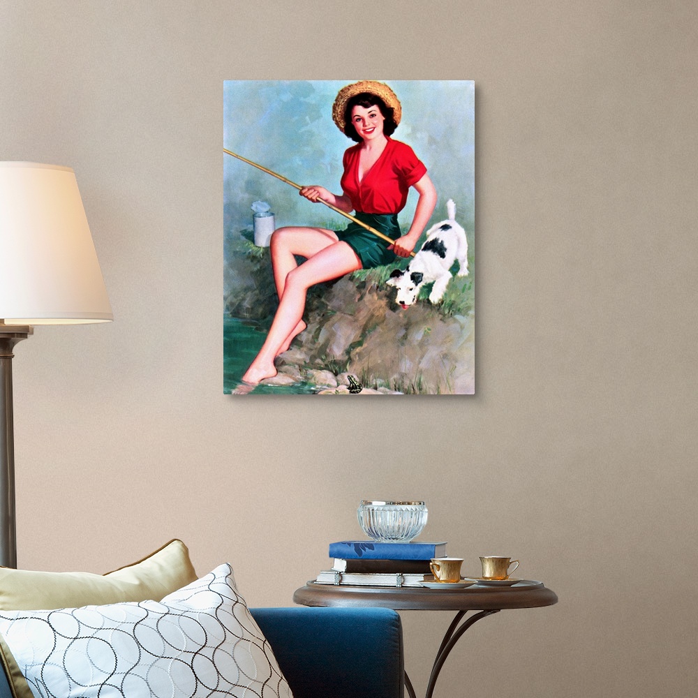 A traditional room featuring Vintage 50's illustration of a young woman fishing in a stream with a dog.