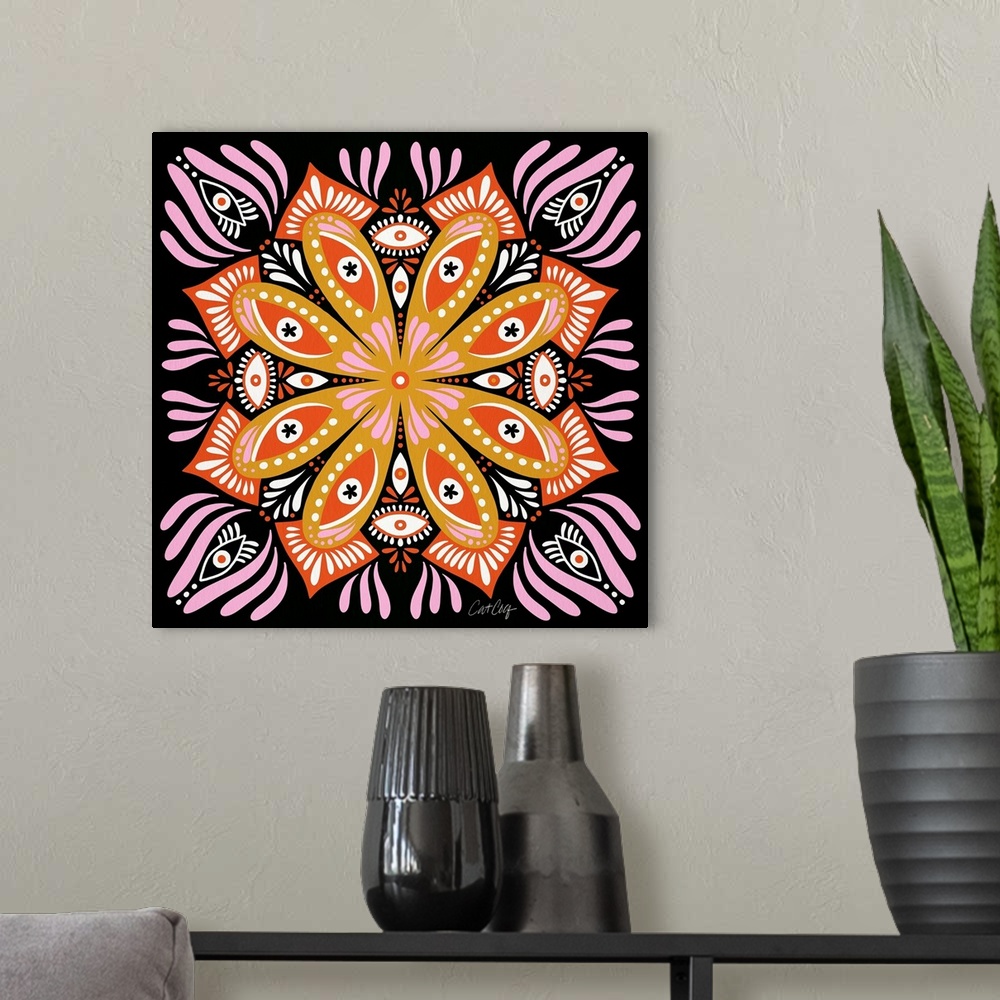 A modern room featuring Floral Eye Mandala - Charcoal
