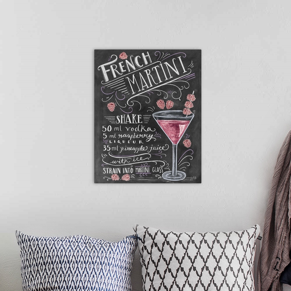 A bohemian room featuring Handwritten and illustrated recipe for a mixed drink, with raspberries and a martini glass.