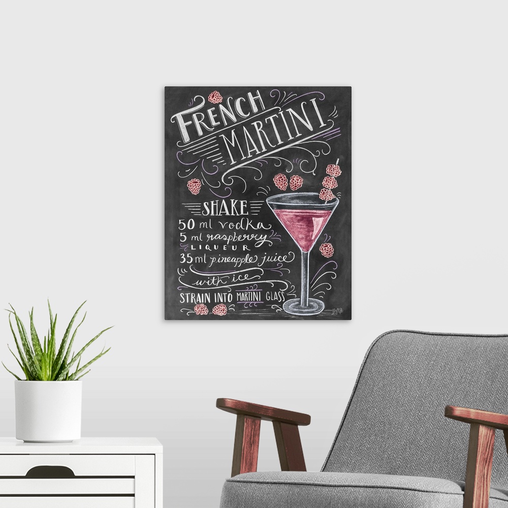 A modern room featuring Handwritten and illustrated recipe for a mixed drink, with raspberries and a martini glass.