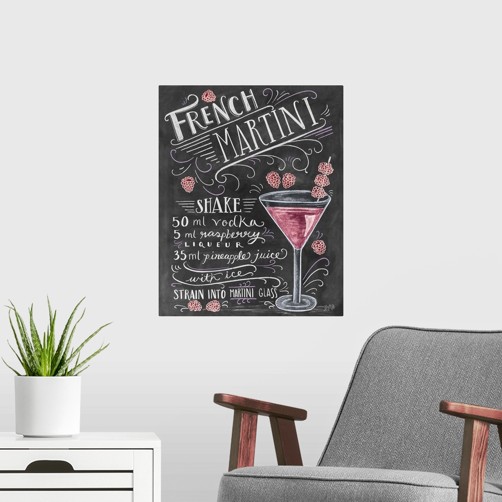 A modern room featuring Handwritten and illustrated recipe for a mixed drink, with raspberries and a martini glass.