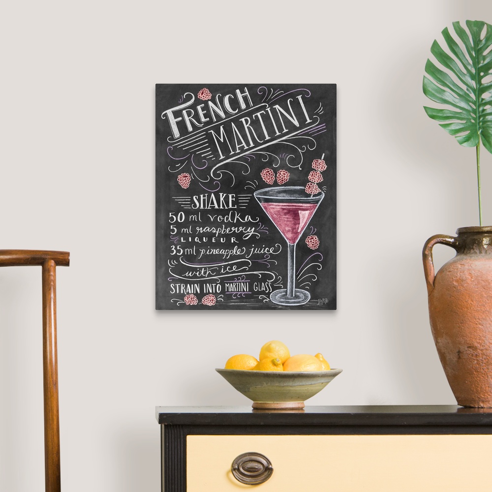 A traditional room featuring Handwritten and illustrated recipe for a mixed drink, with raspberries and a martini glass.